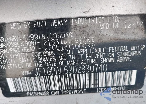 2013 Subaru Impreza 2.0I Sport Premium из США, поврежденный, VIN JF1GPAL62D2830740